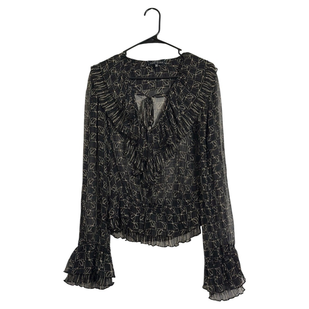 Robert Rodriguez 100% Silk Ruffle Peplum Blouse Black Gold Geometric Print SZ 10